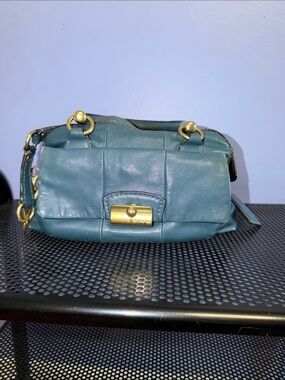 Teal Leather Shoulder Bag with Gold Hardware